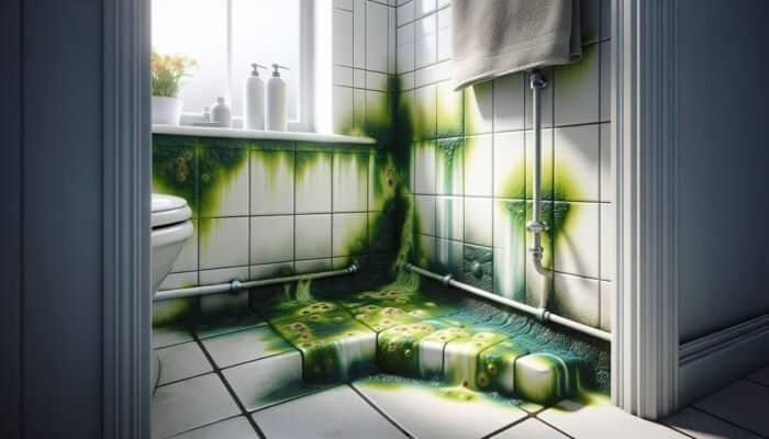 Green mould spreading across grout in a bathroom corner with white tiles.
