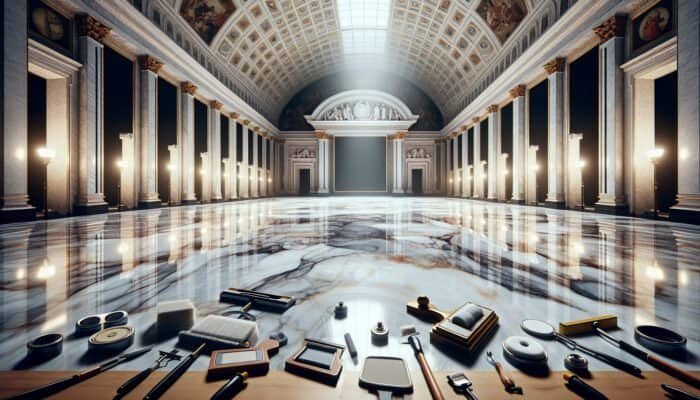 A large marble floor in a grand hall, showing polished and scratched areas, with polishing tools.