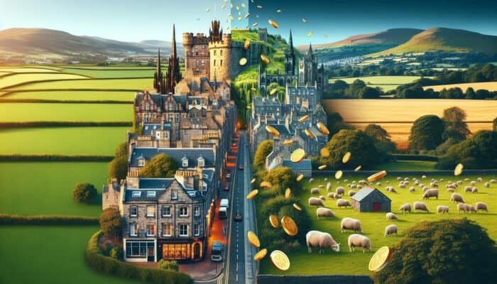 Edinburgh's urban skyline and Welsh countryside with contrasting price tags indicating unique pricing structures.