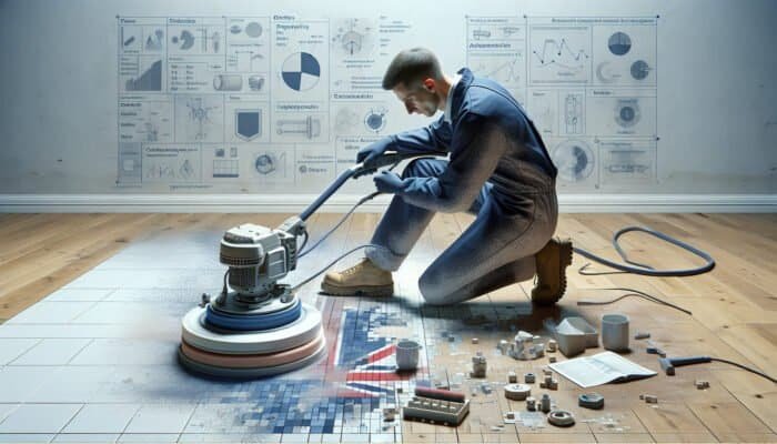 A professional polisher buffs a worn ceramic tile floor, restoring its shine and adding a protective layer.