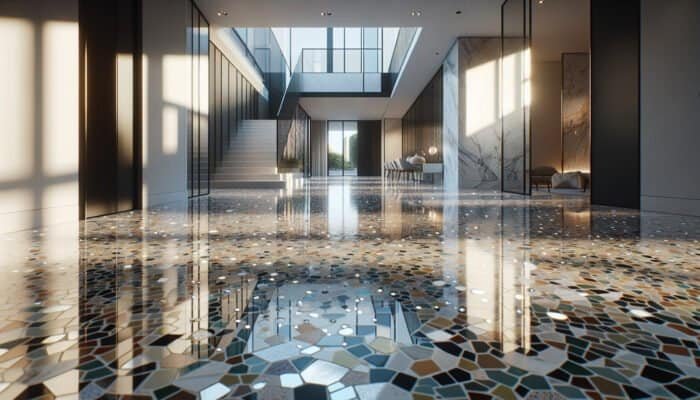 Polished terrazzo floor in a modern UK home with marble, quartz, and glass chips in a geometric pattern.
