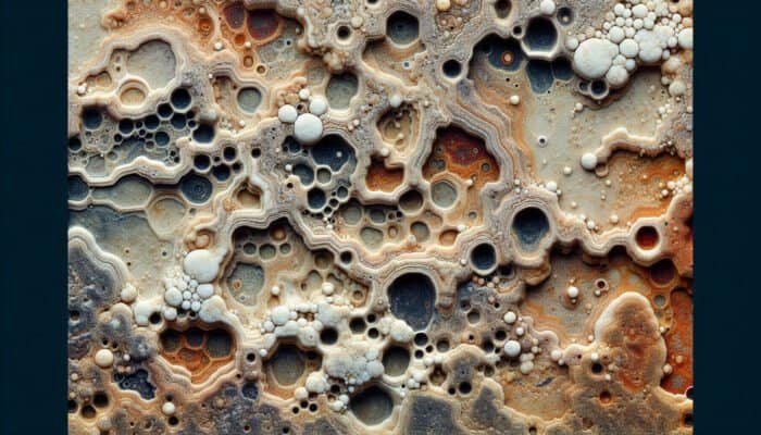 Sandstone tile with deterioration, discoloration, and efflorescence from harsh chemicals.